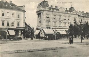 Arad, Salacz utca, Rónai A. János szállodája, Központi Kávéház, Bloch H. könyvnyomdája, üzletek / street, hotel, café, printing house, shops (r)