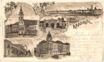 Arad, Maros part, Minorita templom, Vár főkapuja, Líceum, Arad-Csanádi egy. vasutak palotája, lóvasút, Lengyel Lipót kiadása / river bank, castle gate, lyceum, omnibus, palace, floral, Art Nouveau litho (kis szakadás / small tear)