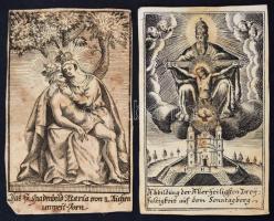 XVII-XVIII. század: 19 db különböző rézmetszetű szentkép és kegykép, közte színezettek is, Látványos és ilyen tömegben ritkán látható darabok, nagyrészt jó állapotban /  Collection of 17-18th century holy-cards, Engravings, some of them are hand-colored, most of them in good condition.