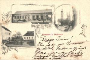 Dombró, Dubrava; templom, paplak, vendéglő / church, rectory, restaurant, floral