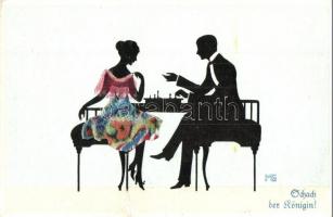 Couple playing chess, silhouette art postcard (EK)