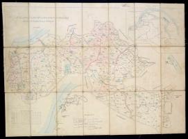 cca 1870 A visegrádi m.kir. áll. és kor. urad. erdőhivatal átnézetes gazdasági térképe, 1:172, 080, vászonra kasírozva, ceruzás bejegyzésekkel, 58×77 cm. Az óbudai-visegrádi koronauradalomról az 1869-72. években készültek el a felmérések, a térkép is nagy valószínűség szerint ekkor keletkezett. /  cca 1870 Map of the Royal Forestry of Visegrád, on canvas, with notes on it, 58×77 cm