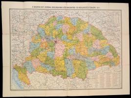 1911 Magyar Sz. Korona Országainak közigazgatási és közlekedési térképe, rajzolta Homolka József, Budapest, Eggenberger-féle Könyvkereskedés, Kellner és Mohrlüder ny., a hajtások mentén szakadásokkal, egy helyen ragasztásnyommal, 62x85 cm.