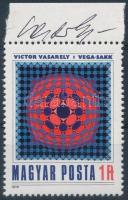 1979 Victor Vasarely Vega sakk c. képét ábrázoló bélyeg a művész saját kezű aláírásával / 1979 Vasarely stamp with autograph signature of the artist