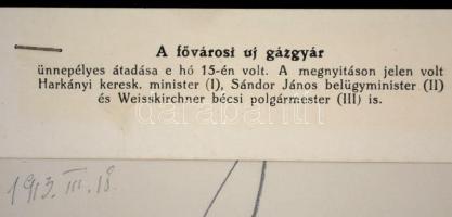 1913 Az Óbudai Gázgyár ünnepélyes átadása. Harkányi kereskedelmi miniszter, Sándor János belügyminis...