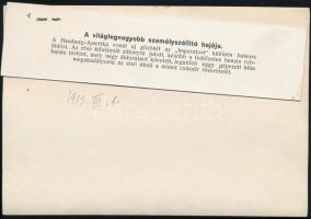 1913 Imperator a Hamburg-Amerika line hajója Korabeli sajtófotó, hozzátűzött szöveggel / 1913 RMS Im...