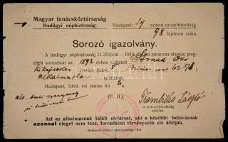 1919 Tanácsköztársasági sorozó igazolvány.