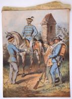 cca 1890 Magyar tábori csendőrök kőnyomatos kép 19x24 cm