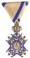 Jugoszlávia ~1920-1930. Szent Száva Rend IV. osztály aranyozott és zománcozott Ag kitüntetés eredeti, viseltes dísztokban, modern mellszalaggal (41x62mm) T:2 medalion elő- és hátlapján kis zománchibák, aranyozás kopott /  Yugoslavia ~1920-1930. Order of Saint Sava 4th class gold plated and enamelled Ag decoration in original but worn case, with modern ribbon (41x62mm) C:XF small enamel errors on the obverse and reverse of the medallion, gold plating worn