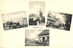 Turzófalva, Turzovka; utcakép üzletekkel, zsinagóga. Nakl. Tudik Josef / street view with shops, synagogue