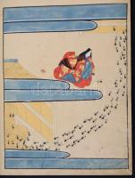 cca XIX század Japán nyelvű kézirat, 4 db színes, vegyes technikájú illusztrációval, papírkötésben, ...