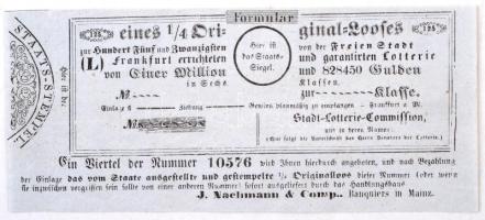 Német Államok / Frankfurt ~1820. 1/4 sorsjegy "FORMULAR" kitöltetlen, "Frankfurt Városi Lottó" T:II- /  German States / Frankfurt ~1820. 1/4 lottery ticket "FORMULAR" unfilled, "Freien Stadt Frankfurt Lotterie" C:VF