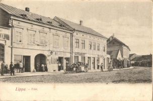 Lippa, Lipova; Fő út, Hirschmann Ignác, Tretter üzletei, Ipari-Gazdasági Hitelszövetkezet / Main street, shops, credit union (EK)