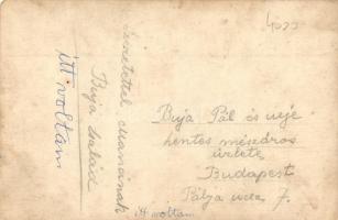 Budapest I. Pálya utca 7., Buja Pál és neje hentes-mészáros üzlete, a bolt előtt Bujáék, a Buja csal...