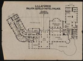 Lillafüredi Palota Szálló-Hotel Palace alaprajza, 4 oldal, hártyapapír, a sarkoknál gyűrődésekkel, középen hajtásnyommal, 25x35 cm.