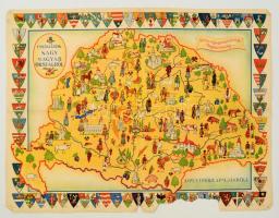 cca 1930 Emlékezzünk Nagy Magyarországról. A Pesti Hírlap ajándéka. Bp., Légrády Testvérek. Coloroffset nyomás, hátoldalán területi és népességi statisztikával, a hajtások mentén szakadásokkal, az alsó részen hiánnyal a hátoldalán firka, 39x52,5 cm