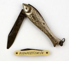 Halmotívumos bicska, törött heggyel, h: 13,5 cm + "Budapesti emlék" feliratú miniatűr bicska, törött heggyel, h: 8 cm