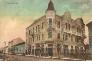 Nagyszalonta, Salonta; Rákóczi út, Maller József üzlete / street view with shops