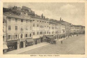 Gorizia, Görz; Piazza della Vittoria e Castello / square, castle, shops, automobile