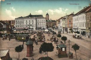 Arad, Szabadság tér, piac, villamos, autóbusz, Limbeck János és Fia, Moskovitz Zs. üzletei / square, market, autobus, tram, shops (kopott sarkak / worn corners)