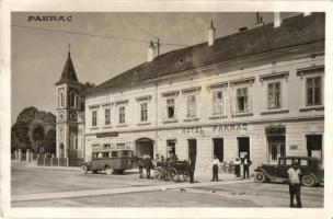 1944 Pakrác, Pakrac Szálló és kávéház autóbusszal, Bacic és társa üzlete, tér / hotel and cafe, shop, square, photo (fl)