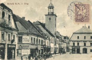 Rybnik, Ring, Adler Apotheke, Berliner Kleiderhalle, Hermann Sladky, R. Heinzelmann Zahn-Atelier, Schindler / square, TCV card, shops, pharmacy (fa)