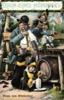 Traum eines Münchener's, humorous Oktoberfest art postcard, advertisement, beer barrel, sausages, dog, children, Ottmar Zieher Heliocolorkarte Emb. litho (EB)