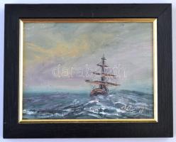 Olvashatatlan jelzéssel: Vitorlás a tengeren, olaj, vászon, fa keretben, 9×12 cm