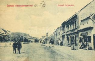 Székelykeresztúr, Cristuru Secuiesc; Kossuth Lajos utca, Szél Géza üzlete. W. L. 1773. / street view with shops