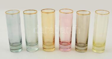 Retró színes üvegpoharak, 6 db, jelzés nélkül, hibátlanok, m: 14 cm