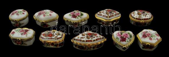 Porcelán ékszertartó dobozkák, fém szerelékkel, 10 db, matricások, jelzés nélkül, hibátlanok, m: 3 c...