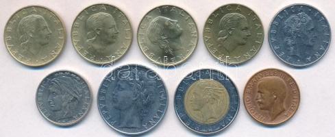 Olaszország 9db-os vegyes fémpénz tétel, közte 1929R 10c Cu, 1974R 100 Lire acél T:1-,2
Italy 9pcs ...