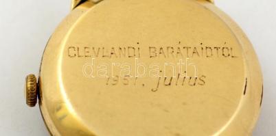 cca 1950 Omega karóra. Vastagon aranyozott, ajándékozási véséssel