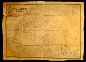 1894 A magyar korona országainak posta és távirdai térképe. A kereskedelemügyi magyar királyi minister rendeletére hivatalos adatok alapján összeállította a magy. kir. postajárati iroda. Bp, Posner Károly Lajos és Fia, vászonra kasírozva, rossz állapotban, a hajtások mentén kissé viseltes, középen lyukas, 184x274 cm.