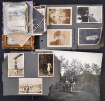 cca 1920-1960 Vegyes fotótétel, kb. 30 db, családi, és úti fotók, egy fa keretben, változó, többségében, rossz állapotban, különféle méretben.