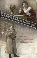 'Ich hab Dich lieb und bin Dir gut...' / WWI military postcard, couple separated by the war, romantic (fa)