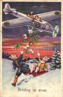 Boldog új évet! / New Years greeting card, children on an airplane, clovers, horseshoe, money, sledge (Rb)