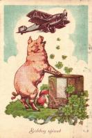 Boldog új évet! / New Years greeting card, pig with airplane, clovers, radio (EK)