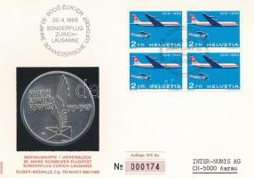 Svájc 1969. 50 éves a svájci légiposta Ag emlékérem bélyeges levelezőlapon (5g/0.900/45mm) T:1 Switzerland 1969. 50th Anniversary - Swiss Airmail Ag commemorative medallion on postcard with stamps (5g/0.900/45mm) C:UNC