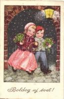 Boldog új évet! / New Years greeting card, children, young couple, clovers, horseshoe, EAS No. 7784. (EK)