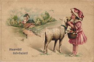 Húsvéti üdvözlet / Easter greeting card with girl and sheep, litho (EK)