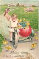 Kellemes Húsvéti Ünnepeket / Easter greeting card with girl on motorcycle with a sidecar, chicks, ERIKA Nr. 2054. litho (EK)