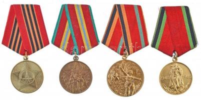 Szovjetunió 1965. A Nagy Honvédő Háborúban aratott győzelem 20. évfordulója sárgaréz kitüntetés mellszalagon (32mm) + 1975. A Nagy Honvédő Háborúban aratott győzelem 30. évfordulója sárgaréz kitüntetés mellszalagon (32mm) + Szovjetunió 1985. A Nagy Honvédő Háborúban aratott győzelem 40. évfordulója sárgaréz kitüntetés mellszalagon (32mm) + Oroszország 2010. A Nagy Honvédő Háborúban aratott győzelem 65. évfordulója sárgaréz kitüntetés mellszalagon (32mm) T:2  Soviet Union 1965. Twenty Years of Victory in the Great Patriotic War 1941-1945 brass decoration with ribbon (32mm) + Soviet Union 1975. Thirty Years of Victory in the Great Patriotic War 1941-1945 brass decoration with ribbon (32mm) + Soviet Union 1985. Forty Years of Victory in the Great Patriotic War 1941-1945 brass decoration with ribbon (32mm) + Russia 2010. Sixty-five Years of Victory in the Great Patriotic War 1941-1945 brass decoration with ribbon (32mm) C:XF
