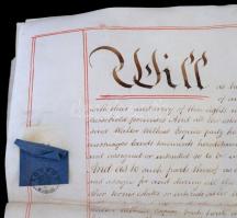 1833 Walter Wilkins (Maeslough, Radnor Esquire) végrendelete, angol nyelven, papíron, rányomott vias...