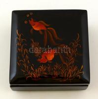 Távol-keleti lakk doboz, halas motívummal, 12x12x5,5 cm