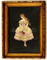 Leány díszes ruhában régi tűgobelin üvegezett keretben 30x50 cm
