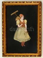 Parasztlány gereblyével régi tűgobelin üvegezett keretben 30x50 cm