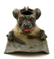 Érdekes, kutyát ábrázoló tintatartó fémből, hiányzó tetővel 8 cm