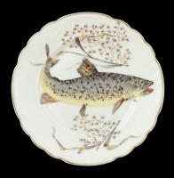 Pisztrángos porcelán tányér Rerrich F: Budapest jelzéssel Matricás, kopott. d. 20 cm
