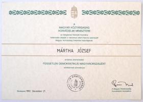 1992. "Független Demokratikus Magyarországért" emlékérem szalagsávon, miniatűrrel eredeti ...